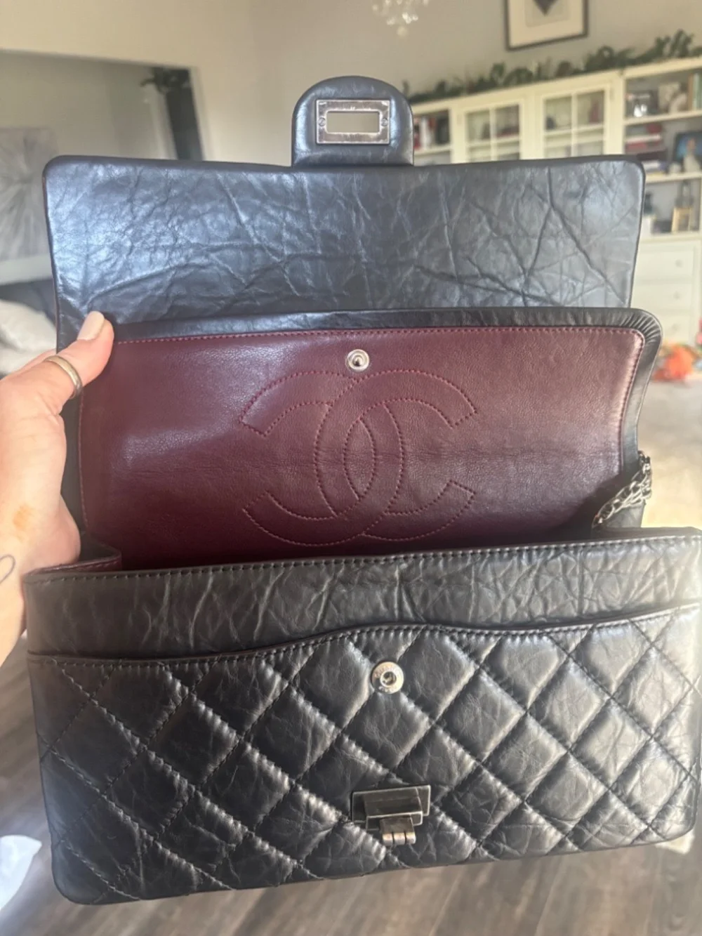 CHANEL 2.55 Reissue 226 Black Aged Calfskin Ruthenium Hardware Double Flap AUTH